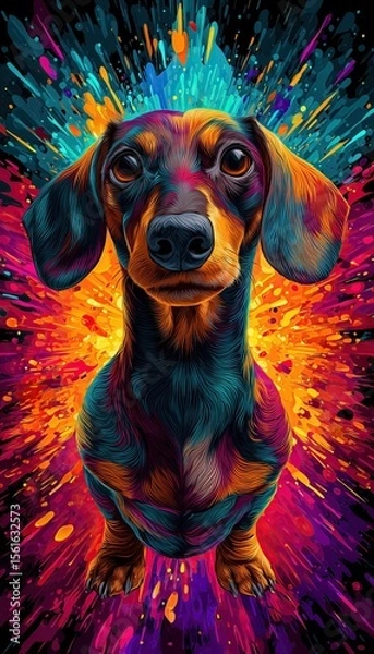 Fototapeta dachshund dog, psychedelic art, vibrant colors, colorful background, a colorful explosion of color mobile wallpaper lockscreen