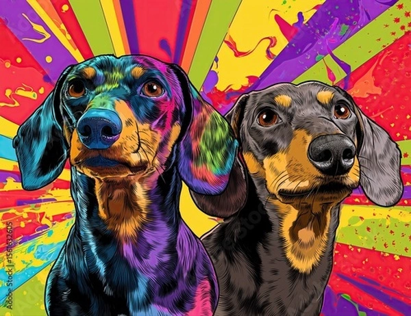 Fototapeta A Colorful illustration of two dachshund dogs, vibrant background, colorful explosion, vivid colors