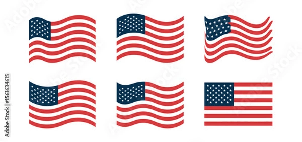 Fototapeta Collection of waving and static american flag illustrations in various designs for patriotic, national and independence day themes
