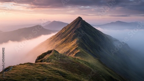 Fototapeta Majestic mountain ridge overlook with lush greenery and atmospheric clouds.