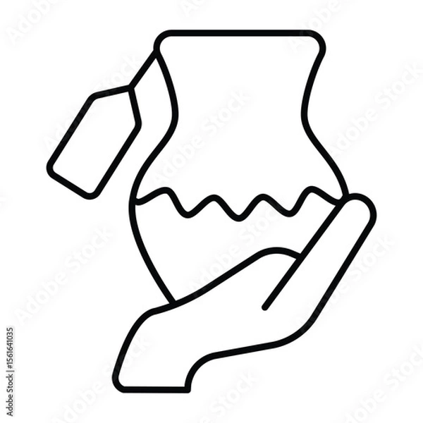 Fototapeta Hand with clay jug and price tag thin line icon, pottery making concept. Vector graphics. Jug in customer hand, shopping sign on white background, style mobile or design.