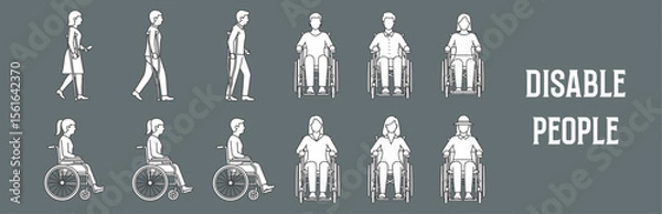 Fototapeta Architectural Drawings disable people vector illustration, front view, human person Minimal style hand drawn. Sections, Elevations, Floor Plans