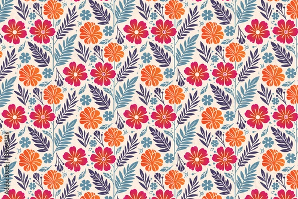 Obraz modern botanical flower composition in a seamless pattern layout with fine lines for kitchen wear, table cloths, and fashion fabric

