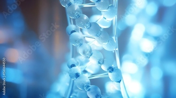 Fototapeta Closeup of a D N A Double Helix Model with Iridescent Light Blue Spheres and Translucent Strands Against a Blurred Blue Background