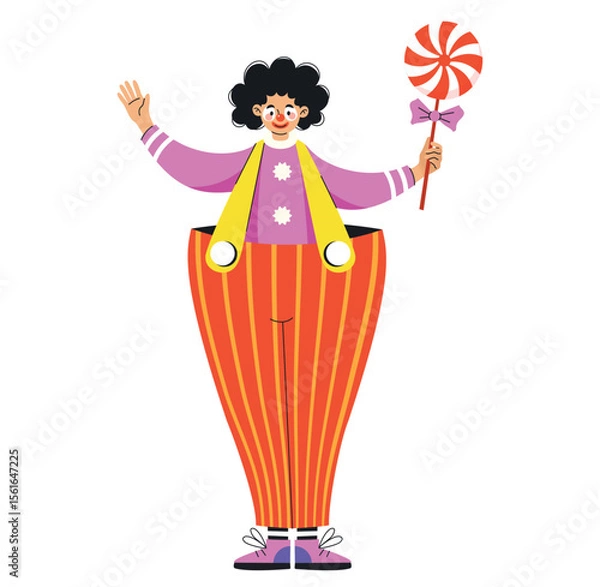 Fototapeta Cheerful clown with curly hair wearing oversized striped pants and a pink shirt, holding a large red-and-white lollipop. Bright, playful illustration perfect for entertainment and circus themes.