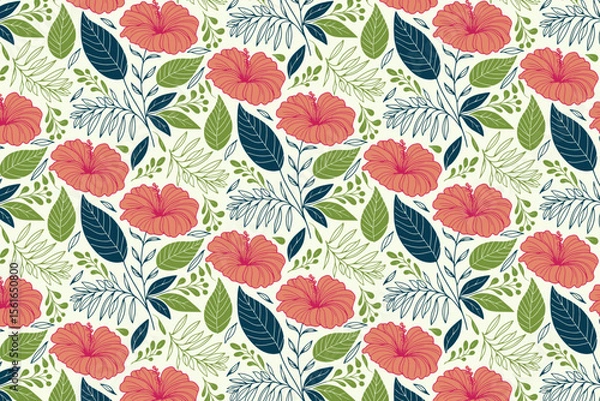 Obraz seamless floral pattern with continuous hand drawn cotton flowers and minimalist line art leaves for textile wrapping and fashion fabric

