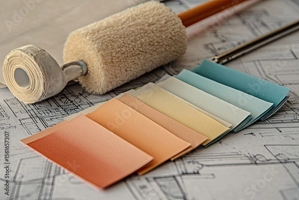 Fototapeta Paint swatches, roller, and blueprints.  Color palettes for interior design project laid out over architectural drawings.  A paint roller and tape rest nearby