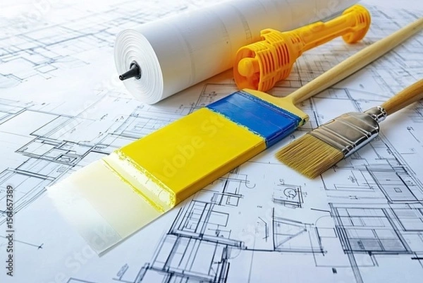 Fototapeta Architectural blueprints overlaid with paint supplies.  A roll of architectural paper, a yellow and blue paint scraper/brush, and two paintbrushes are on top of detailed blueprints.