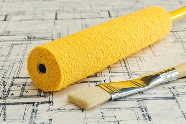 Fototapeta Yellow paint roller and brush on architectural blueprints