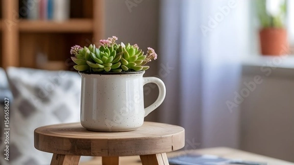 Obraz Cup of coffee on a wooden table near flowers and a window in a cozy room