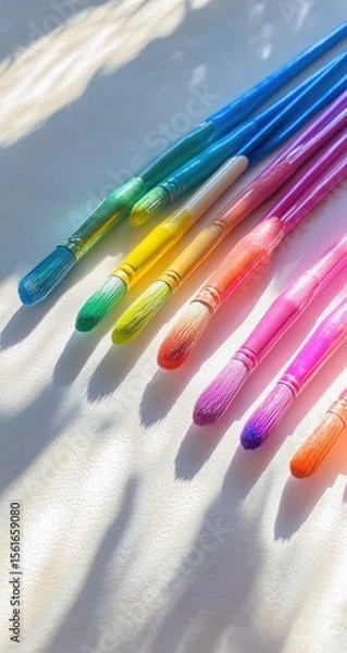 Fototapeta Colorful paintbrushes arranged on a light surface, angled, showing vibrant hues and soft shadows