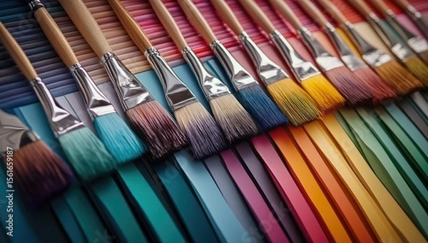 Fototapeta Many paintbrushes of various colors, resting on strips of assorted paint swatches