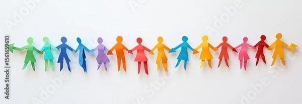 Fototapeta Colorful paper cutout people holding hands in a row