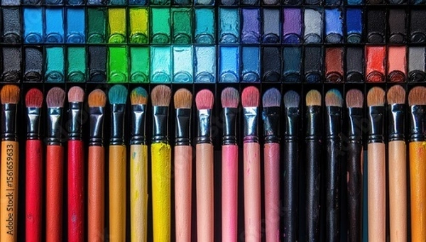 Fototapeta Colorful palette of paint and brushes