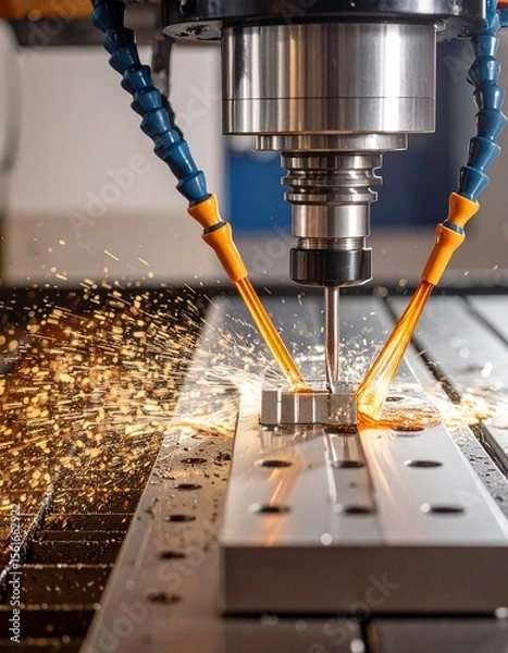 Fototapeta CNC milling machine processing on steel with cooling