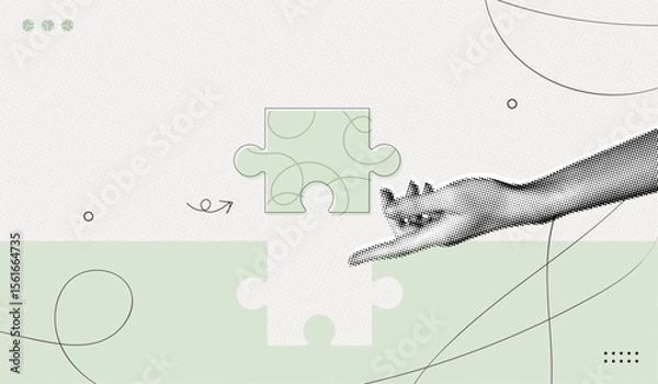 Fototapeta Trendy Halftone Collage Hand connecting puzzle piece together. Teamwork concept. Business idea and solution. Partnership relationship. New startup. Career development. Vector contemporary art