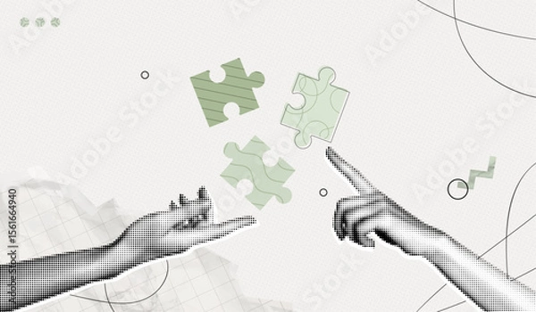 Fototapeta Trendy Halftone Collage Two Hands with puzzle pieces. Teamwork concept. Business idea and solution. Partnership relationship. New startup. Career development. Contemporary vector illustration art