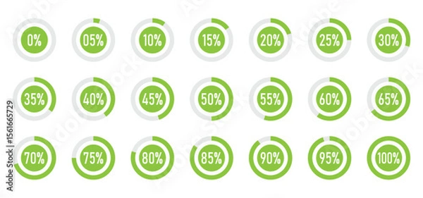 Fototapeta Percentage circle set. Progress or loading percentage infographic icons containing 0% to 100% with 5% increase. Transparent vector for app, UI, website and animation design element.