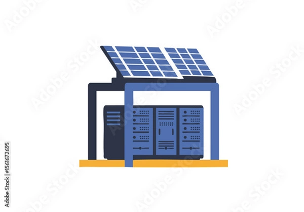 Fototapeta stylized server housed under solar panels showcasing sustainable technology Modern clean design with a focus on green energy and data centers Ideal for digital marketing and tech illustrations