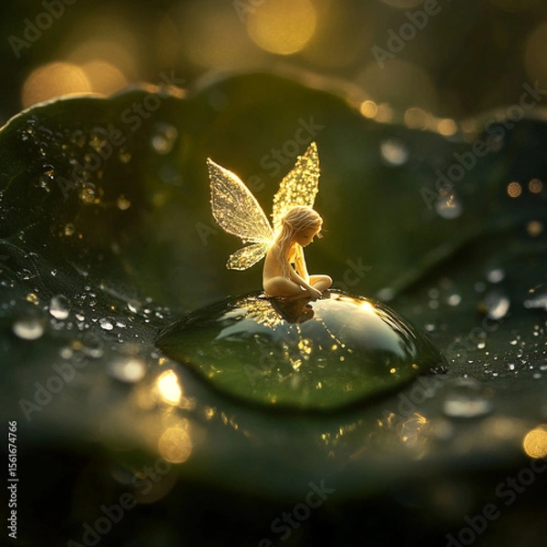 Fototapeta Enchanted Fairy on Dewdrop: A tiny, ethereal fairy sits delicately on a glistening dewdrop, bathed in the soft, golden light. This captivating image evokes a sense of wonder and enchantment. 