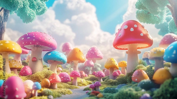 Fototapeta Whimsical Mushroom Meadow: A vibrant, dreamlike landscape of colorful mushrooms of various sizes and hues, set amidst a whimsical forest, evoking a sense of fantasy, fun and tranquility.