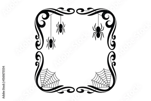 Fototapeta ornate black Halloween border with hanging spiders and cobwebs, corners, decorative swirls on a white background


