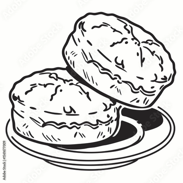 Obraz Black and White Illustration of Two Biscuits Stacked on a Plate