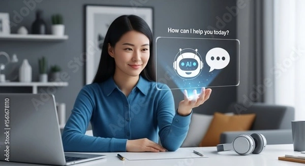 Obraz Asian Woman Using AI Chatbot Hologram Icon for Online Customer Support - Modern Technology