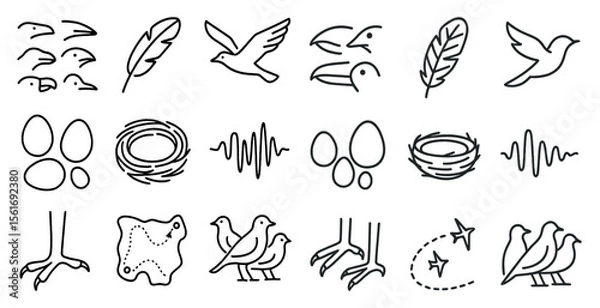Fototapeta Set of bird icons, including a bird with a nest, a bird with a feather, and a bird with a beak