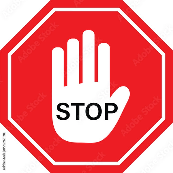 Fototapeta Red Octagon Stop Sign with White Hand Symbol. Stop Hand Symbol for Prohibited Activities.