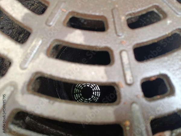 Fototapeta Reflection in a storm drain cover featuring a circular grid pattern 