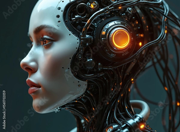 Obraz Cybernetic face profile of a robot woman with digital interface. Tech concept of artificial intelligence, futuristic, cyborg. AI human connection, digital transformation, innovation and tech.