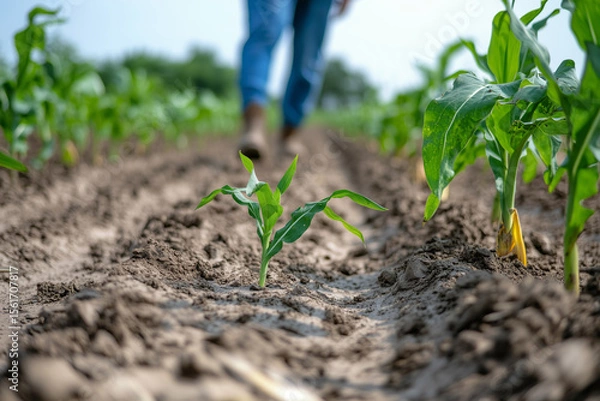 Fototapeta Young corn plants grow in a field with a person walking in the background, focusing on the early stages of crop development.