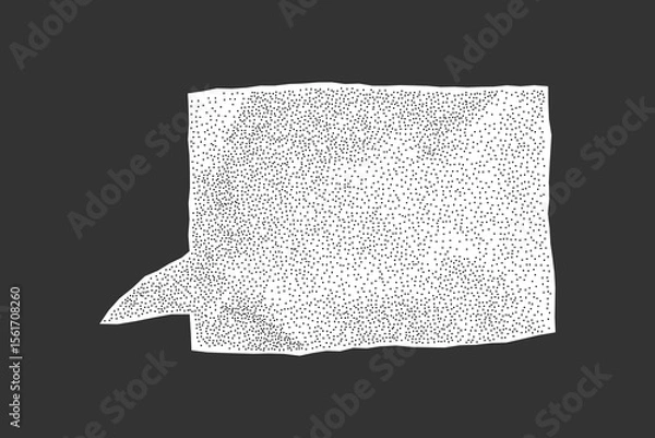 Fototapeta White paper speech balloon with wrinkled texture on dark background. Jagged notebook edges, gritty surface and halftone dots.