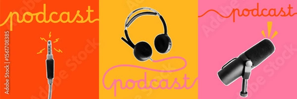 Fototapeta Podcast themed collage covers with magazine paper cutouts, gritty halftone textures and bold typography. Includes microphone, plug and headphones, recording vibes.