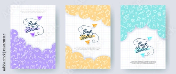 Fototapeta Set of colorful Back to School banners, checkered notebook backgrounds. Doodle pattern with school supplies, hand drawn logo and realistic paper planes. Creative templates for print, social media.