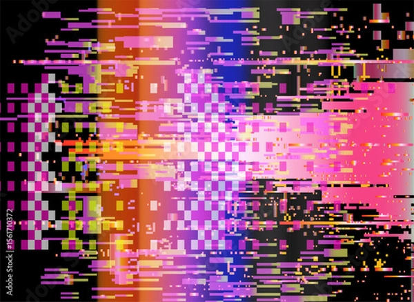 Obraz Bright glitch-art vector illustration, embracing digital abstract trend. Filled with hot pink, yellow, purple, and blue pixel blocks and rectangles, it bursts with erratic, energetic visual noise.