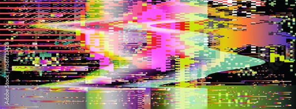 Obraz Neon glitch-art vector in abstract style. Dominated by pink, yellow, green, and cream, with horizontal pixel lines, gradients, and color blocks forming a chaotic, digital, and futuristic pattern.
