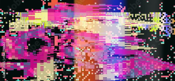 Obraz Bright glitch-art vector illustration, embracing digital abstract trend. Filled with hot pink, yellow, purple, and blue pixel blocks and rectangles, it bursts with erratic, energetic visual noise.