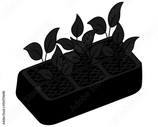Fototapeta Seedlings sprouted in pots filled with soil. Sprouts with leaves. Silhouette. Vector illustration. Isolated white background. Seed sprouted into a plant. Rectangular containers. Six fused molds. 