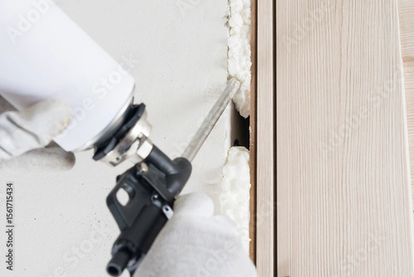 Fototapeta close-up of a gun for sealing and sealing a doorway, mounting foam