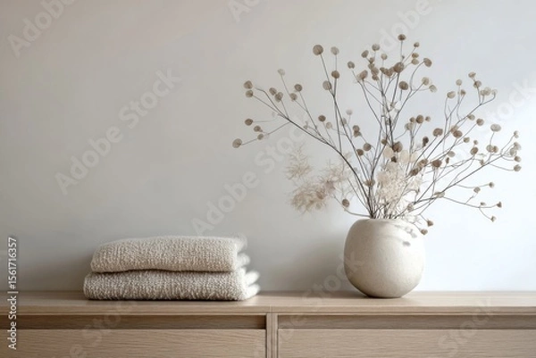 Fototapeta Soft towels and a minimalist vase with dried flowers on a light wooden surface