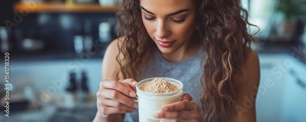 Obraz Young sporty woman pouring protein powder into a cup to create a post-workout meal replacement shake for recovery, Generative AI