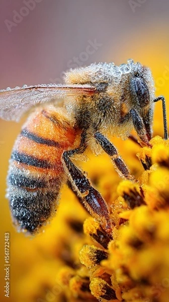 Obraz Honey bee covered in dew on vibrant yellow flower