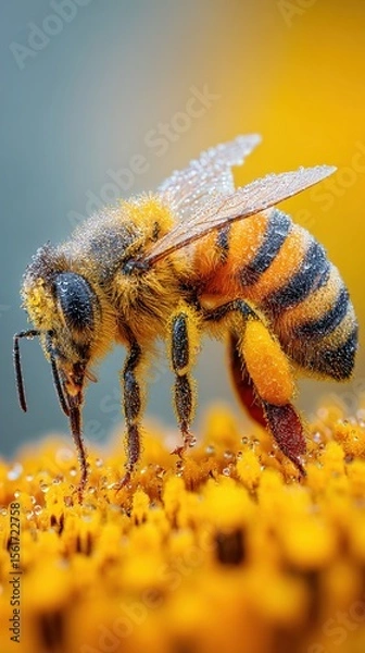 Obraz Honey bee covered in dew drops pollinating yellow flower