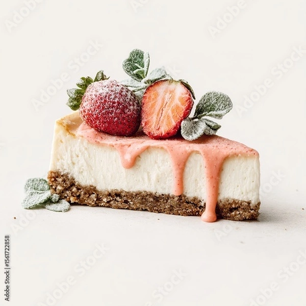 Obraz Delicious cheesecake with strawberries and pink icing dripping on white background
