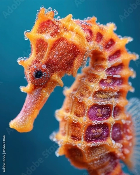 Obraz Orange seahorse covered in tiny bubbles swimming in blue water