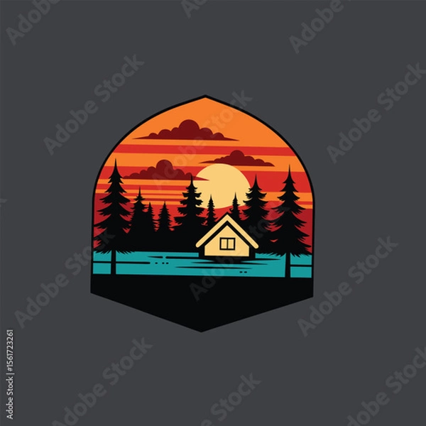 Fototapeta Minimalist cabin by the lake at sunset with pine trees