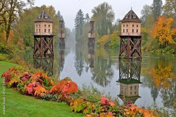 Fototapeta Autumn mist over a river, with elevated structures