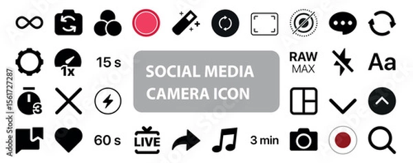 Obraz Set of minimalist black social media camera icons featuring red REC button elements, inspired by camera interfaces from popular social media apps. Modern and sleek design suitable for web, mobile, and